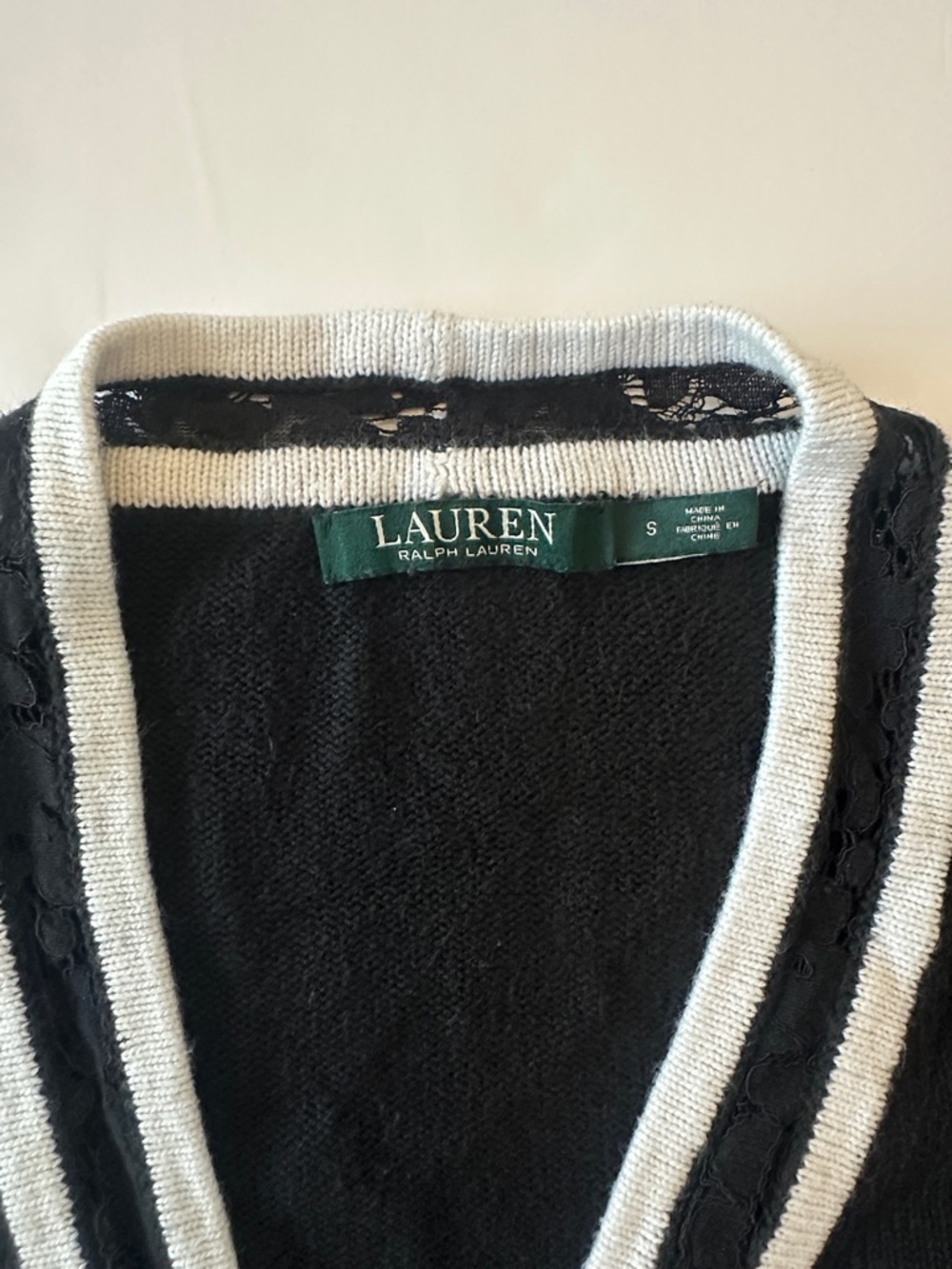 Lauren Ralph Lauren Black S Varsity button up Cardigan White Trim & Lace - Picture 3 of 6